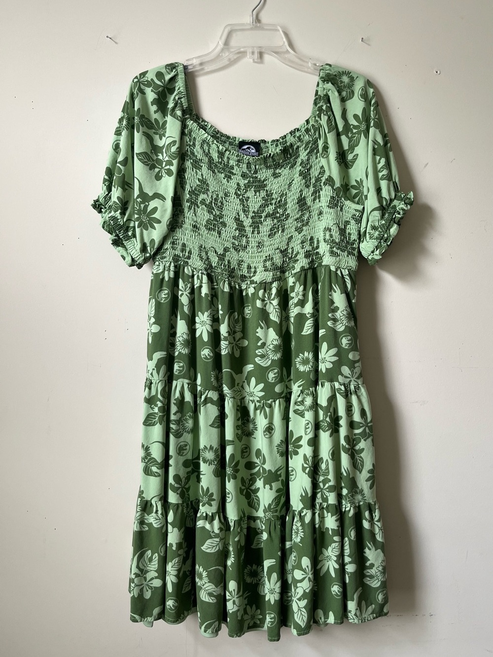 Jurassic Park Smocked Tiered Dress in Green Tropical Print with Velociraptors - Picture 2 of 7